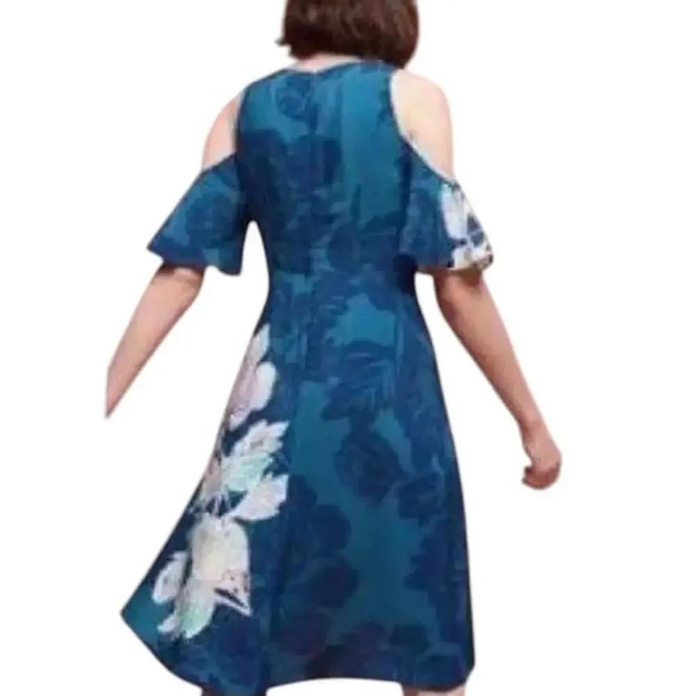 Anthropologie  Maeve Teal Elia Cold Shoulder Floral Mini Dress Sz 2 NWT - Picture 13 of 15